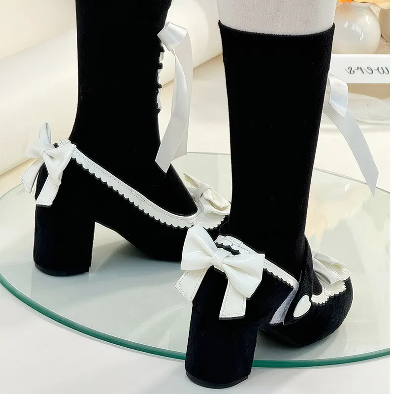 Japanese Original Ji Series Round Head High Heel Mary Jane Lolita Bow Small Leather Shoes Women Sweet Cute Lo High Heels Girl