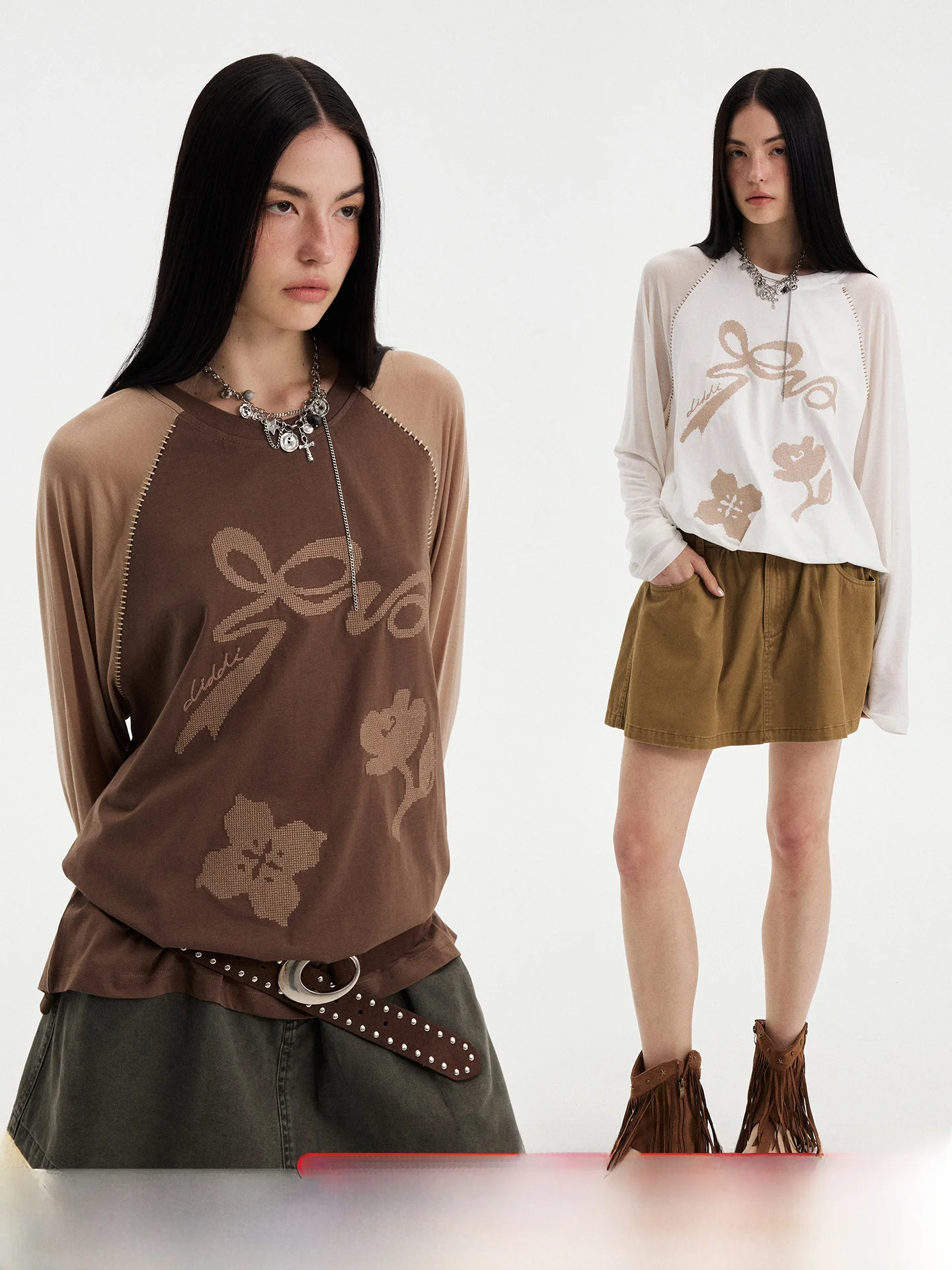 DIDDIMODA  Knot Floral Long Sleeve round Neck T-Shirt Women's Casual Loose Fit Cotton Blend Sewing Patchwork Top
