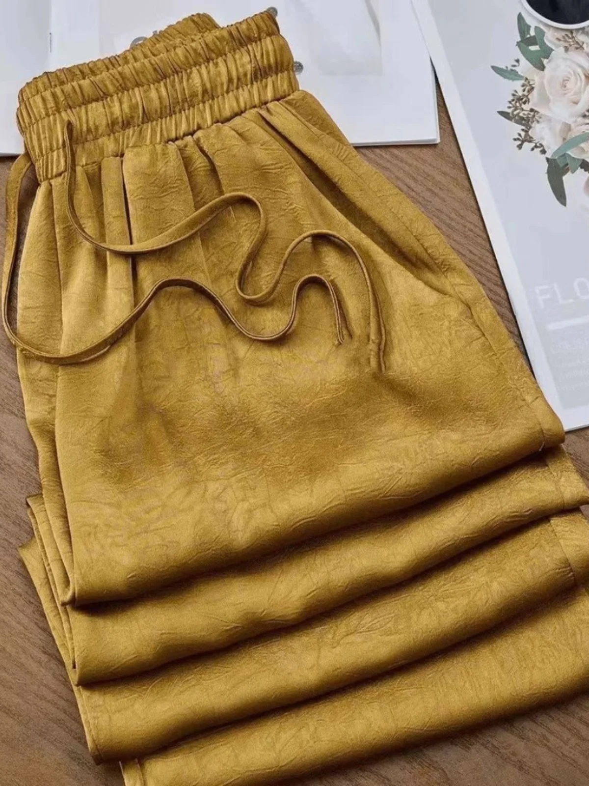 High Waist Wide Leg Pants Women's Summer Satin Straight Thin New National Style Casual Trousers Long Pants Other Materials
