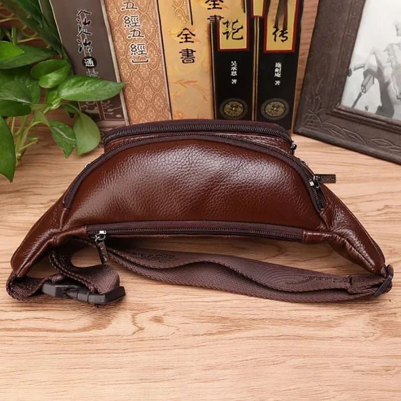 Genuine Leather Men Waist Fanny Pack Bags Sling Chest Pocket Pouch Travel Hiking Male Real Cowhide Loop Hip Belt Bum Bag
