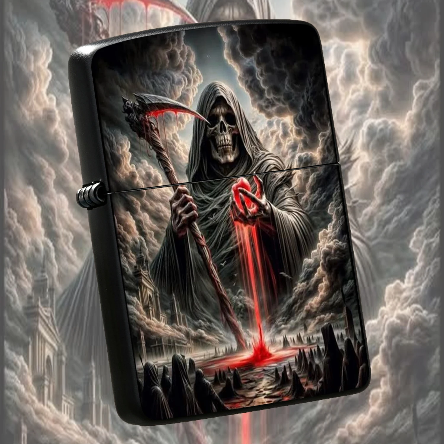 Grim Reaper Scythe Red Art Pattern Portable Lighter, Dark Aesthetic Stylish Daily Carry Ignition Accessory, Unique Artistic Decorative Practical Tool For Outdoor Travel Commute, Exquisite Novelty Gift For Gothic Art Enthusiasts, Multi-Scene