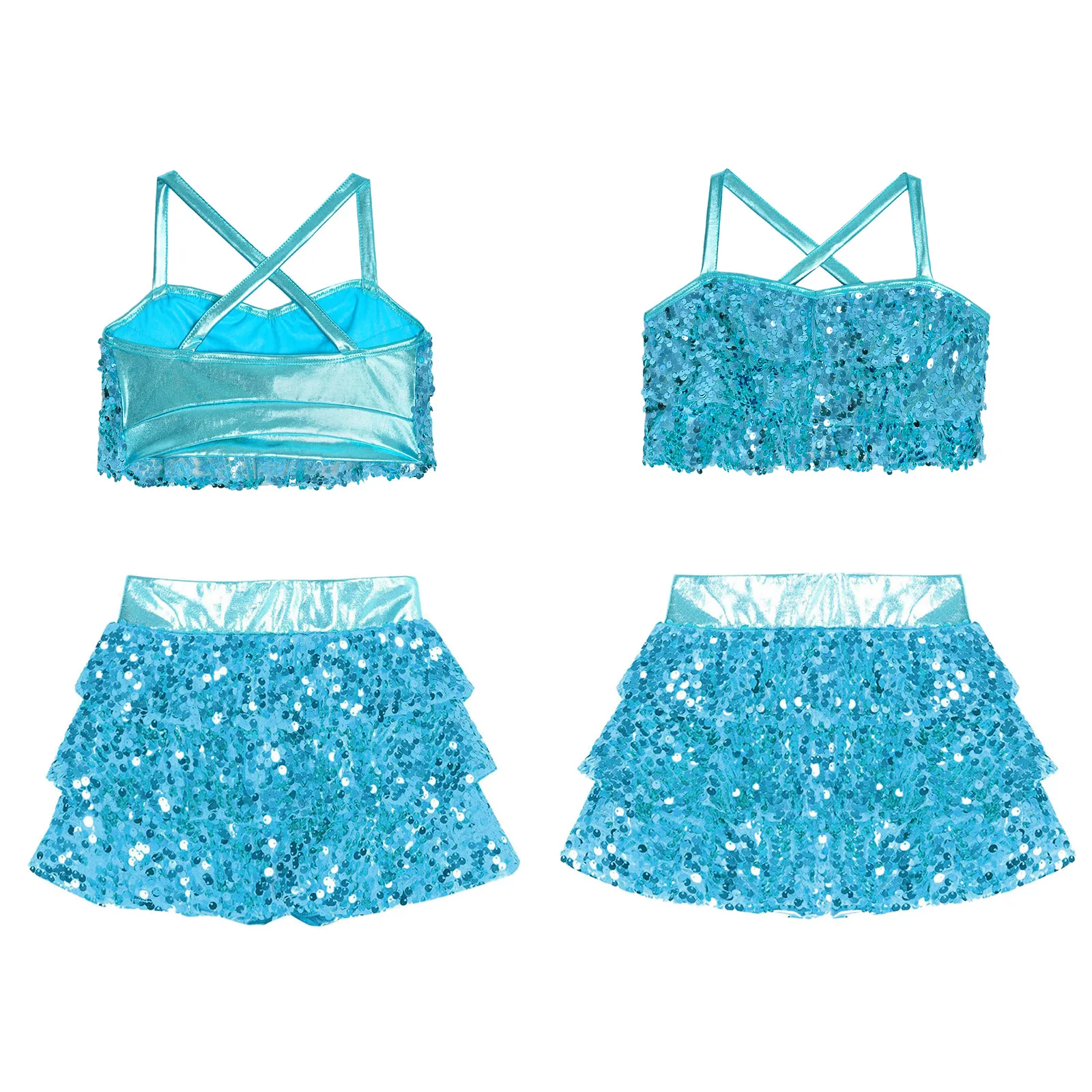Kids Girls Glittery Sequins Dance Sets Tiered Ruffles Cross Back Metallic Crop Top with Culottes for Jazz Performance Costume