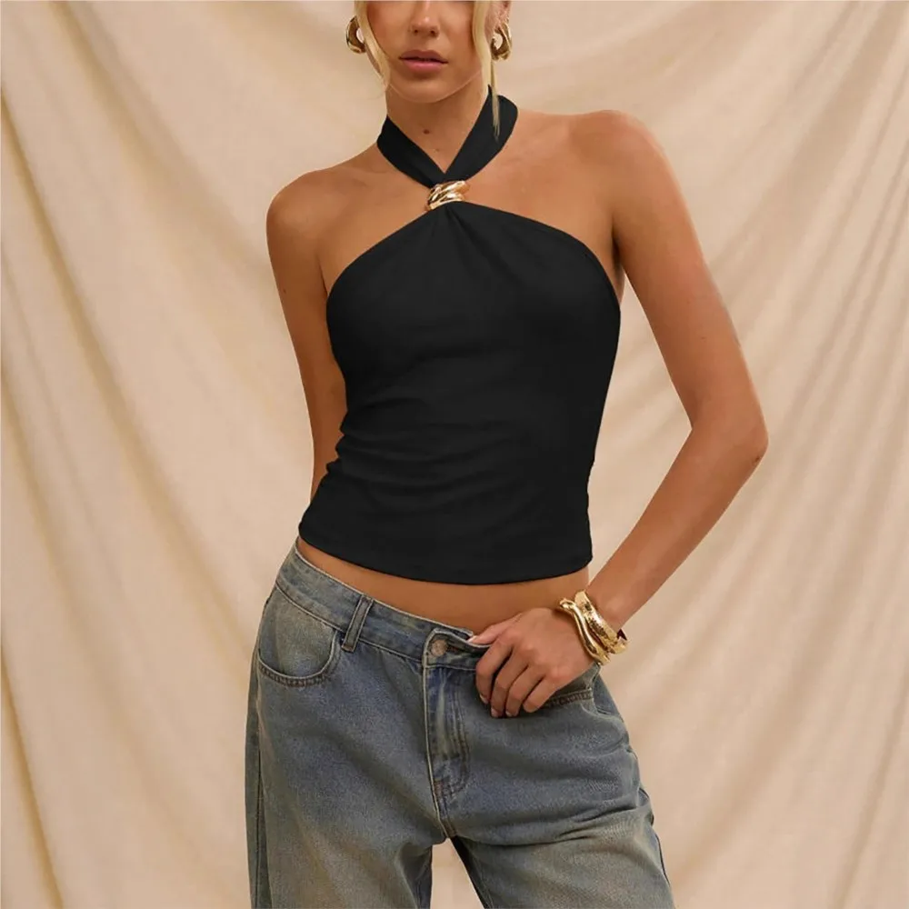 

Metallic Decorative Backless Camisole Summer New Fashion Trend Women's Slim Sleeveless Halterneck Strappy Top Ropa Mujer