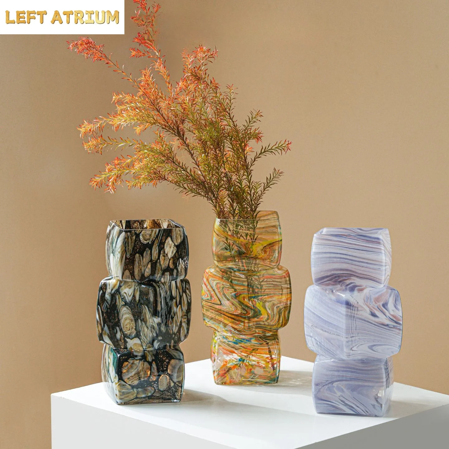 Gradually Changing Color Glass Vase Geometric Blocks Assembled Transparent Flower Vase Terrarium Home Decoration Accessories