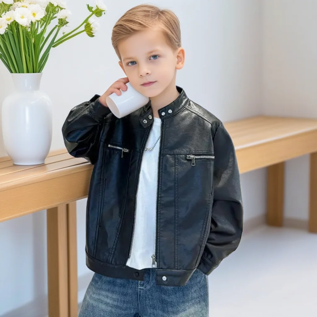 

Autumn Trendy Teen Boys Leather Jacket Stylish Biker Cool Kids Coat Casual Versatile School Children Outerwear 10 12 13 Years