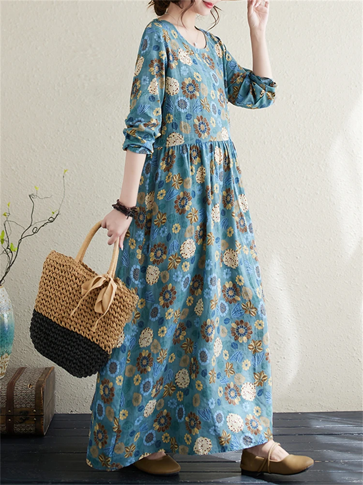 Autumn Cotton Print Vintage Dresses For Women 2023 New Spring Casual Long Dress Femme Robe Office Lady Vestidos Elegant Clothing