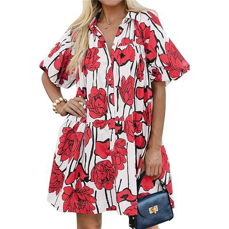 ABP-Vestito camicia abbottonato estivo da donna Mini abiti da spiaggia casual a maniche corte con sbuffo floreale e vestibilità ampia
