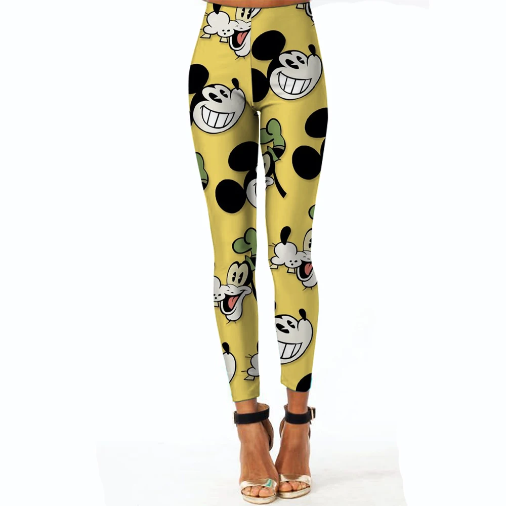 Disney Minnie และ Mickey Mouse พิมพ์กางเกงขายาวผู้หญิงกางเกงขายาวลวงตาฟิตเนสกางเกงนุ่มยืด Tights Leggings ทางกายภาพ