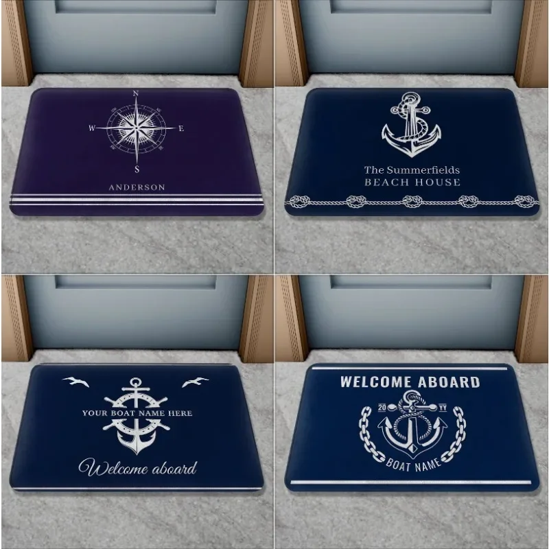 Classic Nautical Welcome Aboard Anchor Compass Ship Wheel Anti Slip Decorative Door Mat Bath Rug Indoor Outdoor Floor Mat