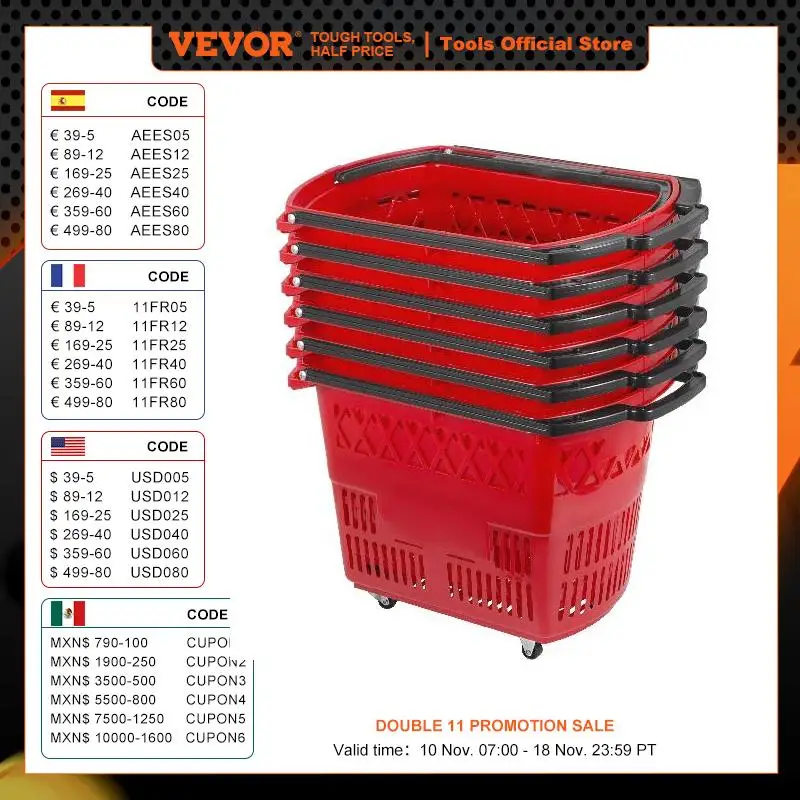 VEVOR 6Pcs Shopping Carts Plastic Rolling Shopping Basket with Wheels and Handles Portable Set for Retail Store Supermarket KTV