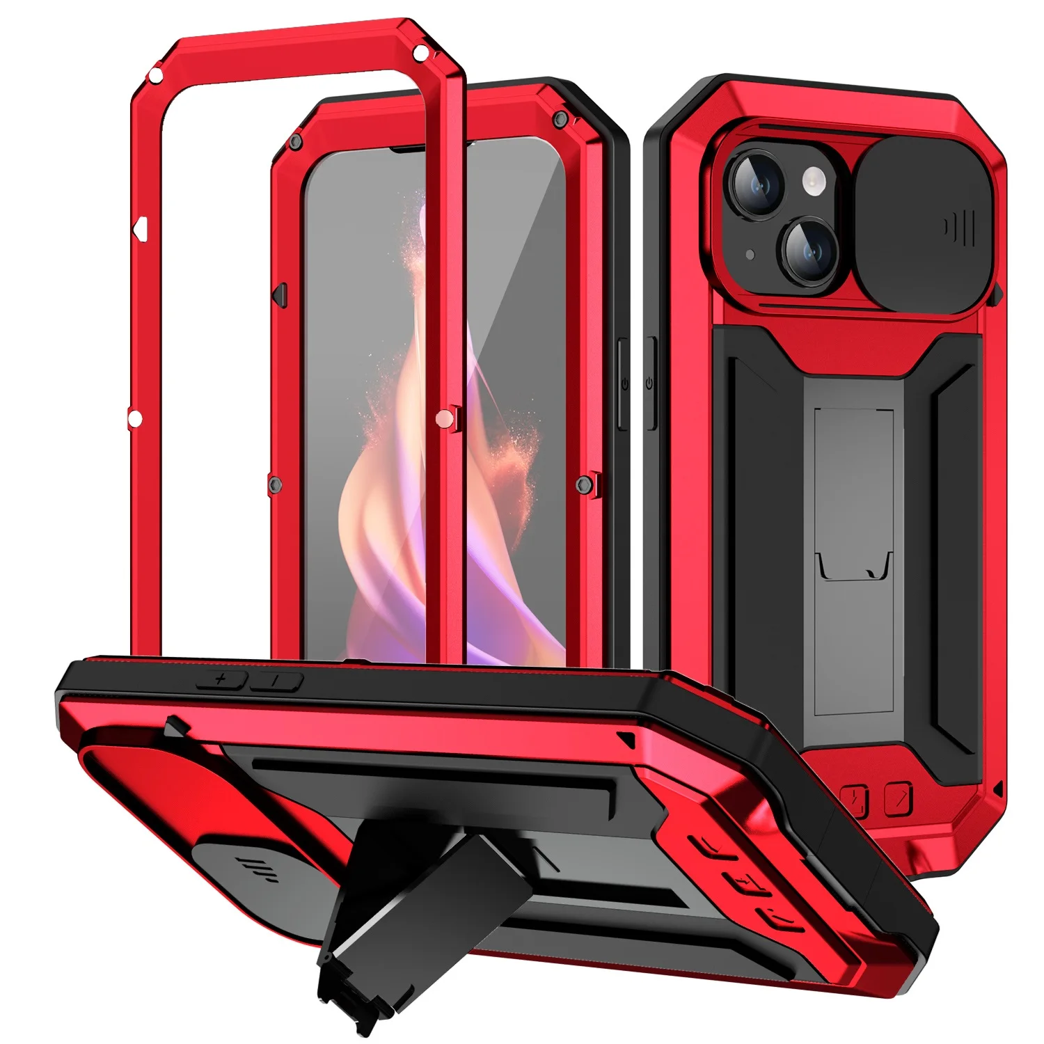 

Прочный чехол R-JUST для iPhone 16e 16 15 14 13 Pro Max в стиле милитари со встроенной защитной подставкой и раздвижной крышкой для камеры