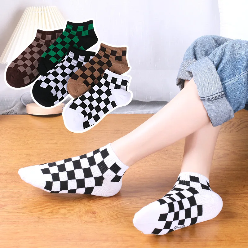 Funky Harajuku Women Checkerboard Socks Geometric Checkered Low Tube Short Hip Hop Cotton Streetwear Crew Ankle Socks Girls Sox