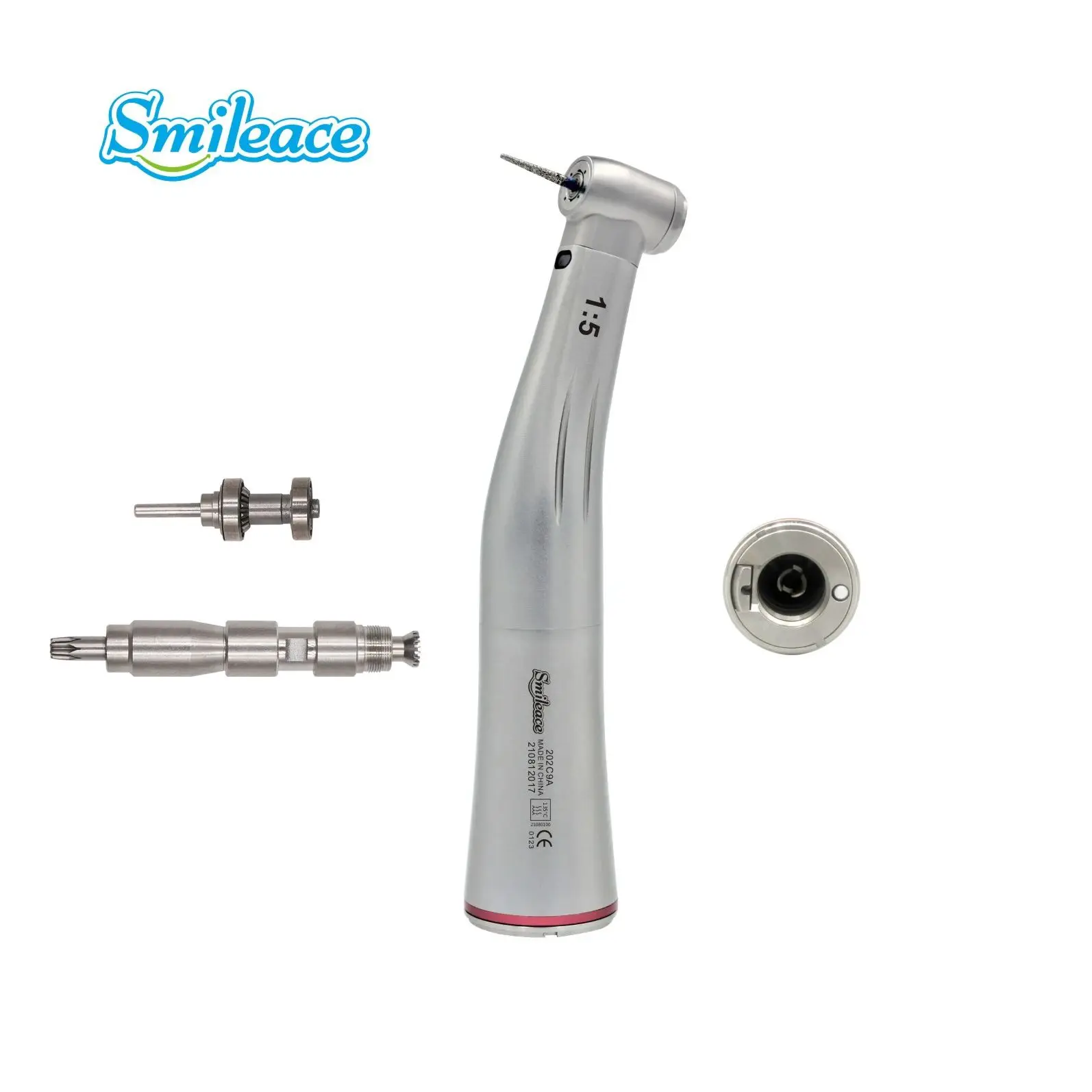 Dental 1:5 Fiber Optic LED Contra Angle Red Ring Handpiece Ceramic Bearing Internal 4 Way Spray Orthodontics Dentistry Equipment