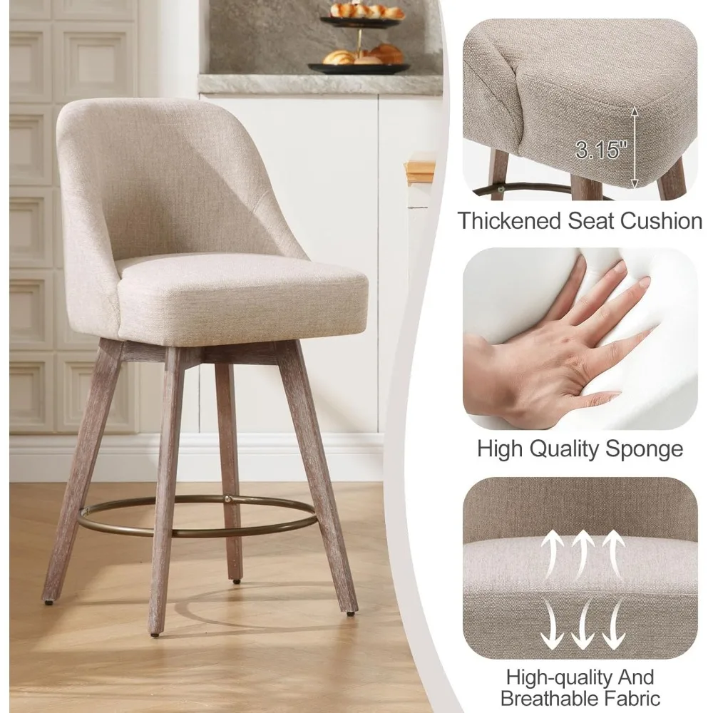 Counter Height Bar Stools Set,Modern Mid-Century Swivel Barstools with Backs and Wood Legs,Linen Fabric Upholstered Chairs