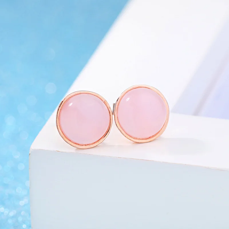 Wholesale Fashion jewelry Crystal pink Natural Furong stone Rose Quartz 925 sterling silver Round Stud Earrings