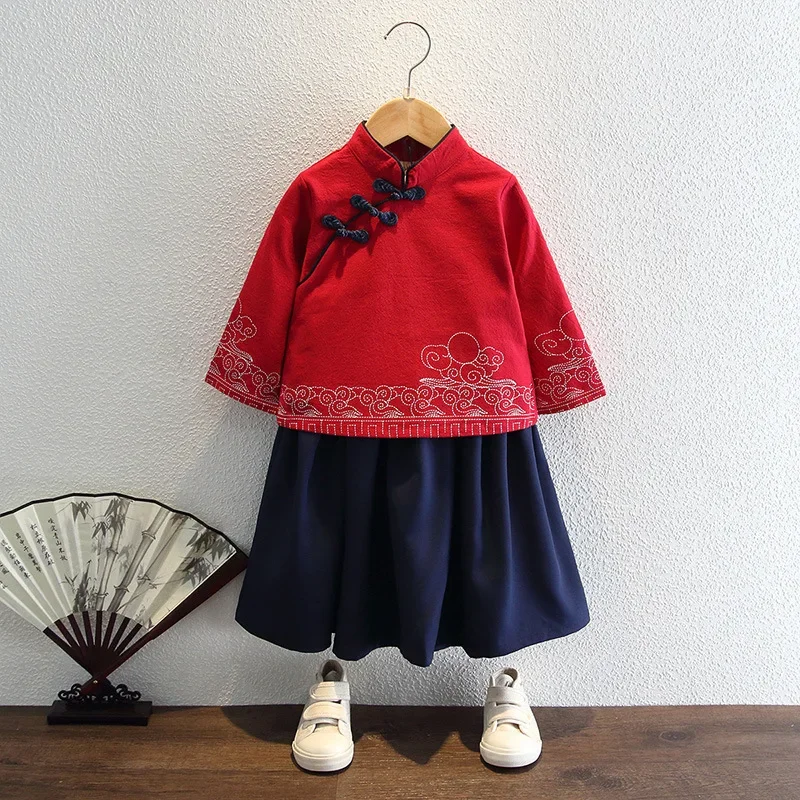 Fato Tang estilo chinês para crianças, roupa antiga de bebê, jaqueta manga comprida, conjunto de saia e calças, fantasia hanfu para meninos e meninas, primavera