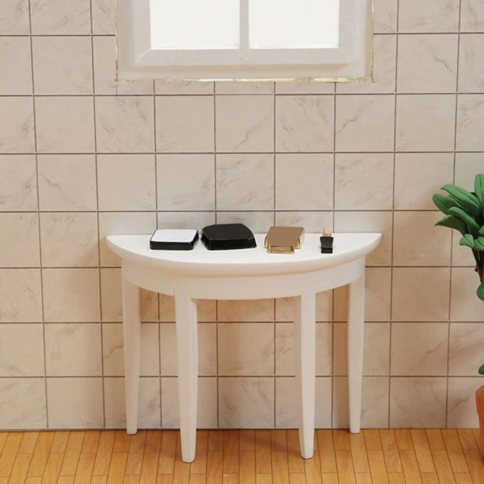 

1:12 Scale Miniature Half Round Desk Premium Wood Mini House Furniture for DIY Dollhouse Living Room Decor Desktop Ornament