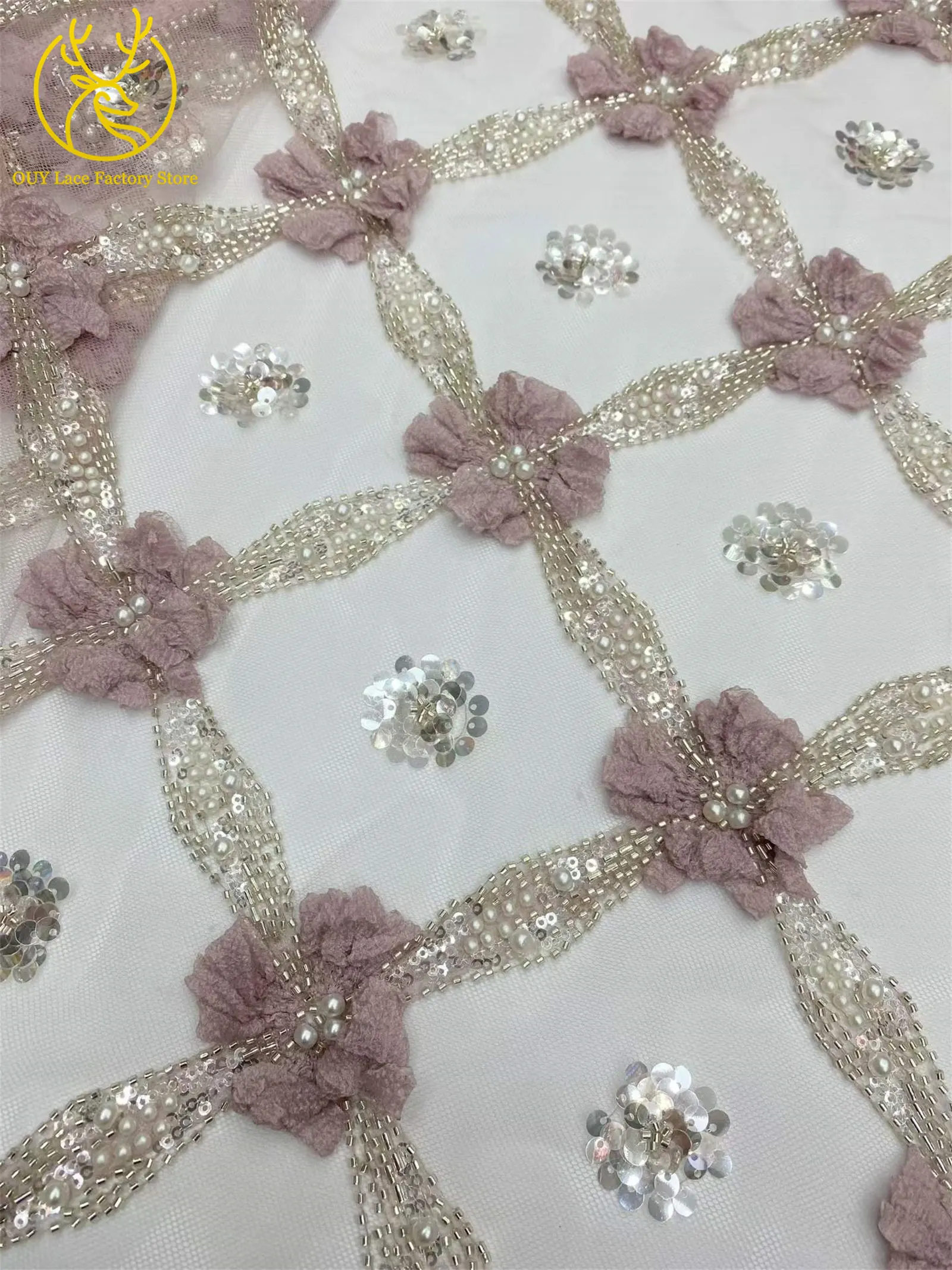Eleganter, modischer nigerianischer 3D-Tüll-Pailletten-Spitzenstoff, hochwertiger afrikanischer Perlen-Spitzenstoff zum Nähen von Hochzeitskleidern, 5 Yards – Detail 12