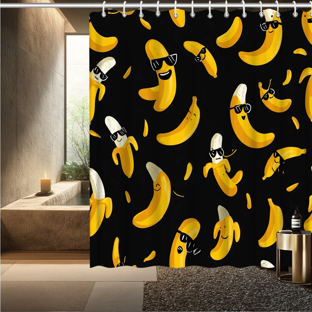 Funny Banana Pattern Shower Curtain Cool Sunglasses Fruit Print Waterproof Bathroom Decor Black Background Kids Home Bath Screen