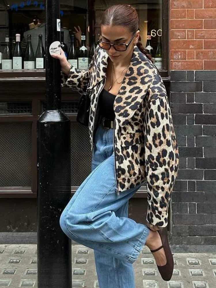 Leopard Print Zipper Casual Women\'s Jacket Fashion Trend Lapel Long Sleeved Pocket Coat Autumn High Street Commute Lady Coats