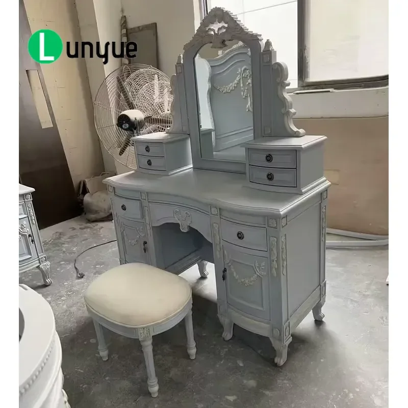 French Vintage Engraved Dresser Set Fog Blue with Stool Solid Wood Makeup Vanity Table Bedroom Furniture Storage Cabinet Home