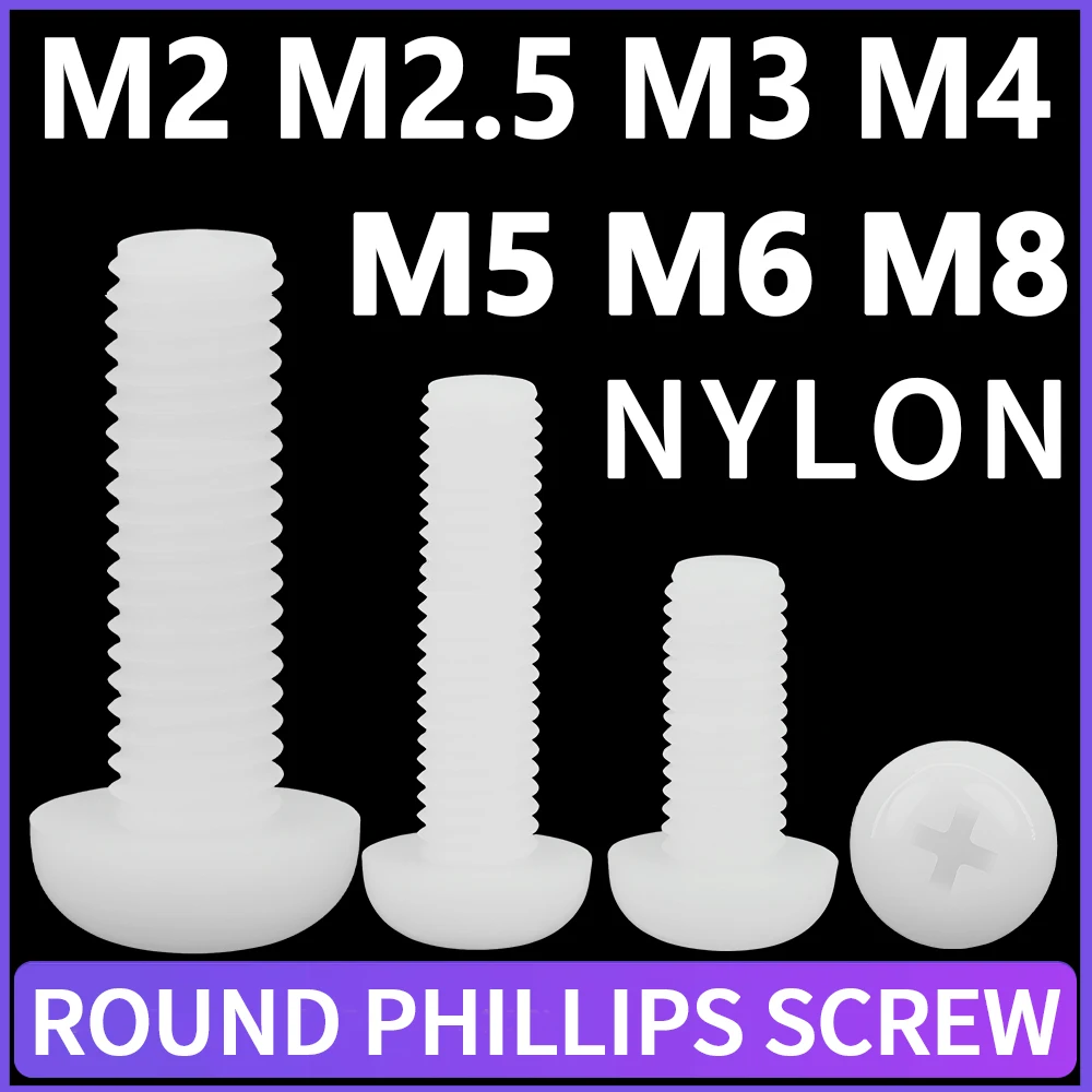 Image of M2 M2.5 M3 M4 M5 M6 M8 Metrisches Gewinde Weiße Nylon-Kunststoff-Kreuzschlitzschrauben Rundkopfschrauben Bolzenlänge 4-100mm 8~100 Stück