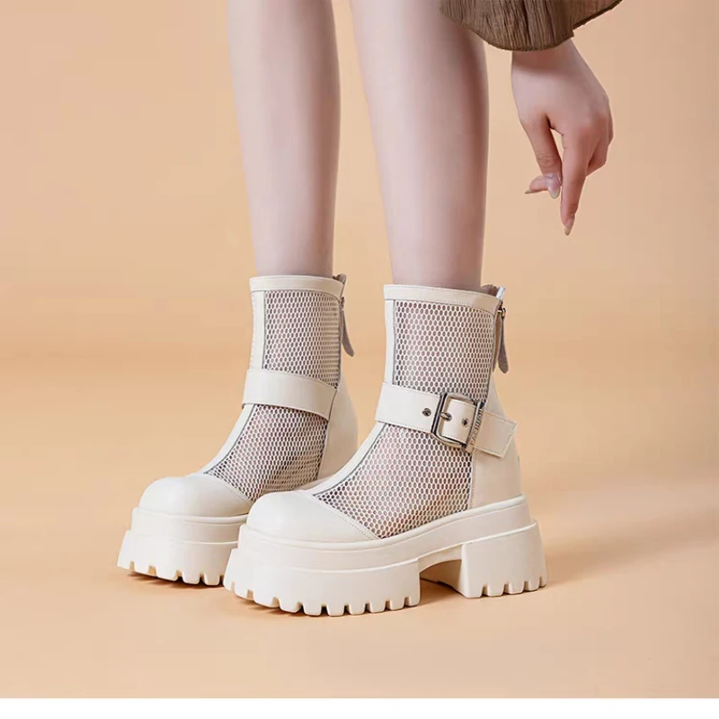 

Coarse-threaded Round-head Zipper Net Fabric Waterproof Platform Comfortable and Slip-resistant Breathable Women's Short Boots