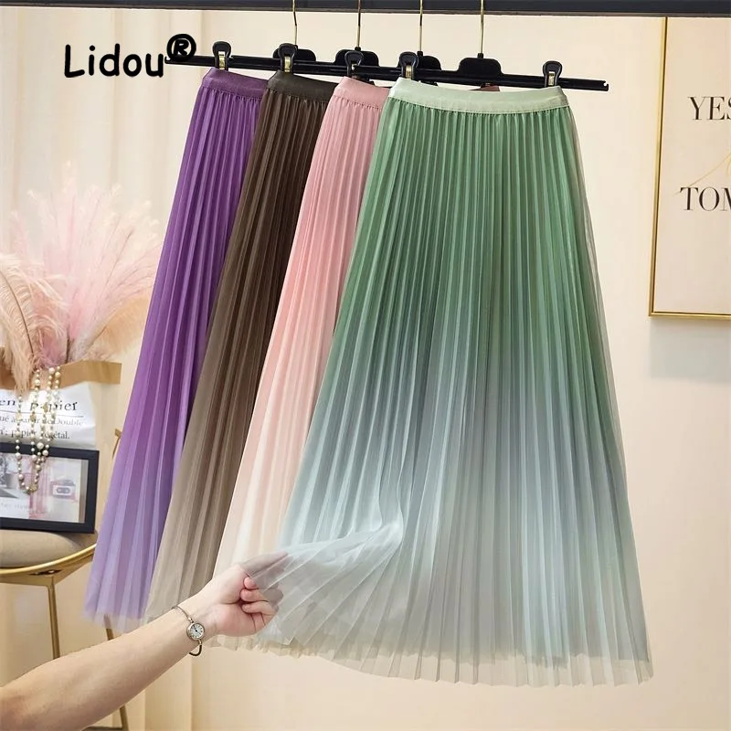 Fashion Gradient Two Layers Gauze High Waisted Mesh Skirt Women Slim Casual Pleated Design Sagging Sensation Lady Pleated Skirt