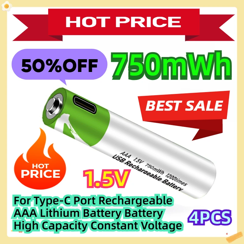 

For Type-C Port Rechargeable AAA Lithium Battery 1.5V Battery 750mWh High Capacity Constant Voltage 4pcs