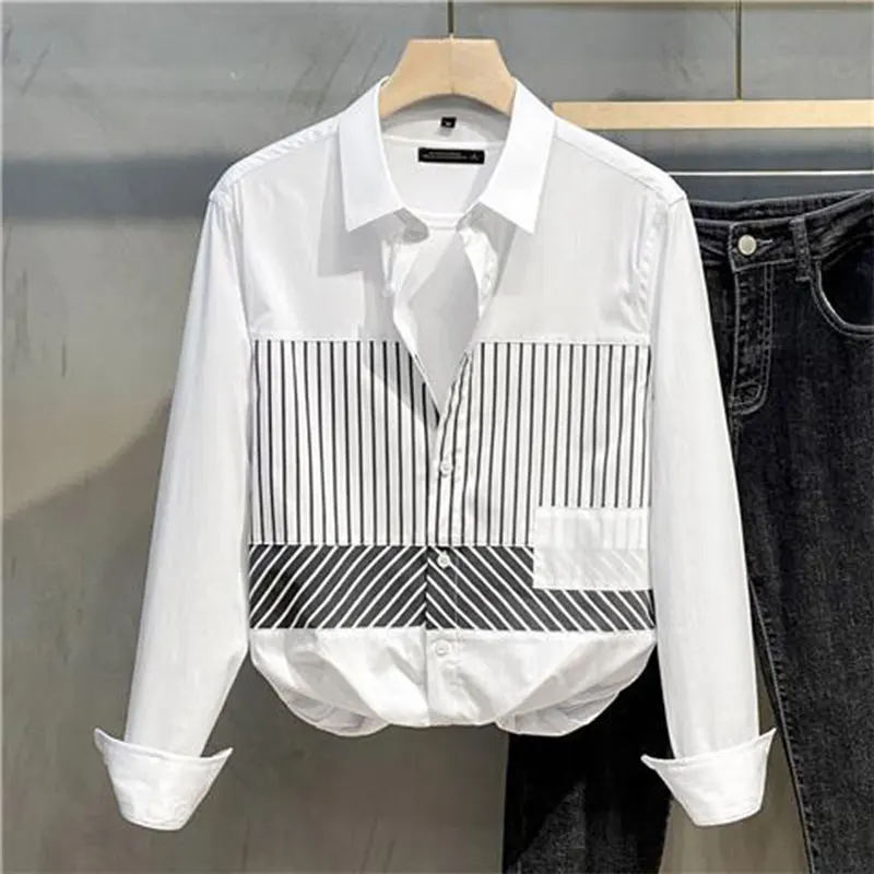 Elegant Fashion Harajuku Slim Fit All Match Shirt Stand Collar Stripe Button Long Sleeve Outerwear Loose Casual Male Clothes