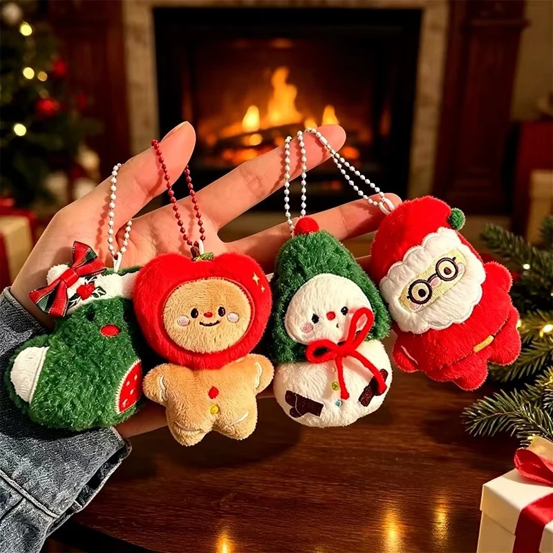 Christmas Cartoon Plush Bag Charms Snowman Apple Wreath Tree Star Cat Keychain Set Xmas Holiday Decor For Parties Gift
