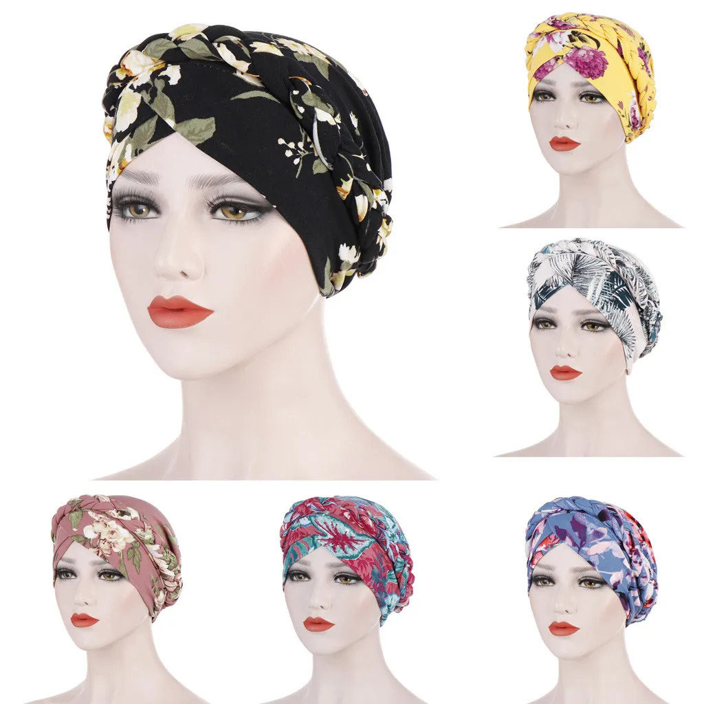 Braid Hijabs For Women Cross Forehead Floral Print Muslim Woman Turban For Party Elegant Islamic Headwrap Elastic Hijab Bonnets