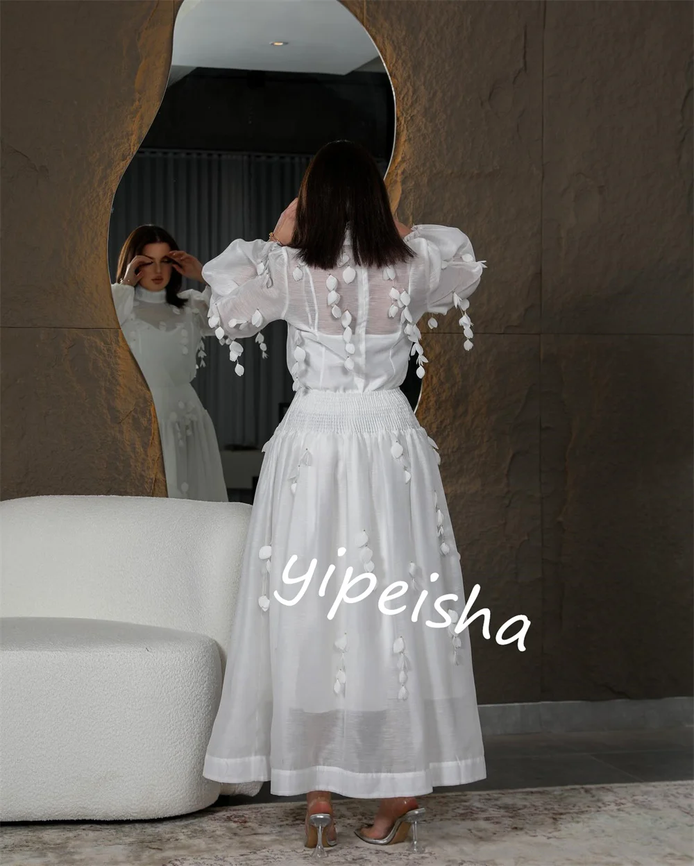 Customized  Evening    Crepe Feather Homecoming A-line High Collar Bespoke Occasion Gown Midi es