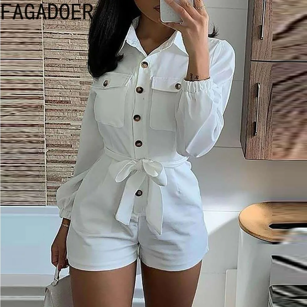 

FAGADOER Spring New Solid Color Button Cargo Shirt Rompers Women Turndown Collar Lace Up Slim Jumpsuits Casual Sporty Overalls