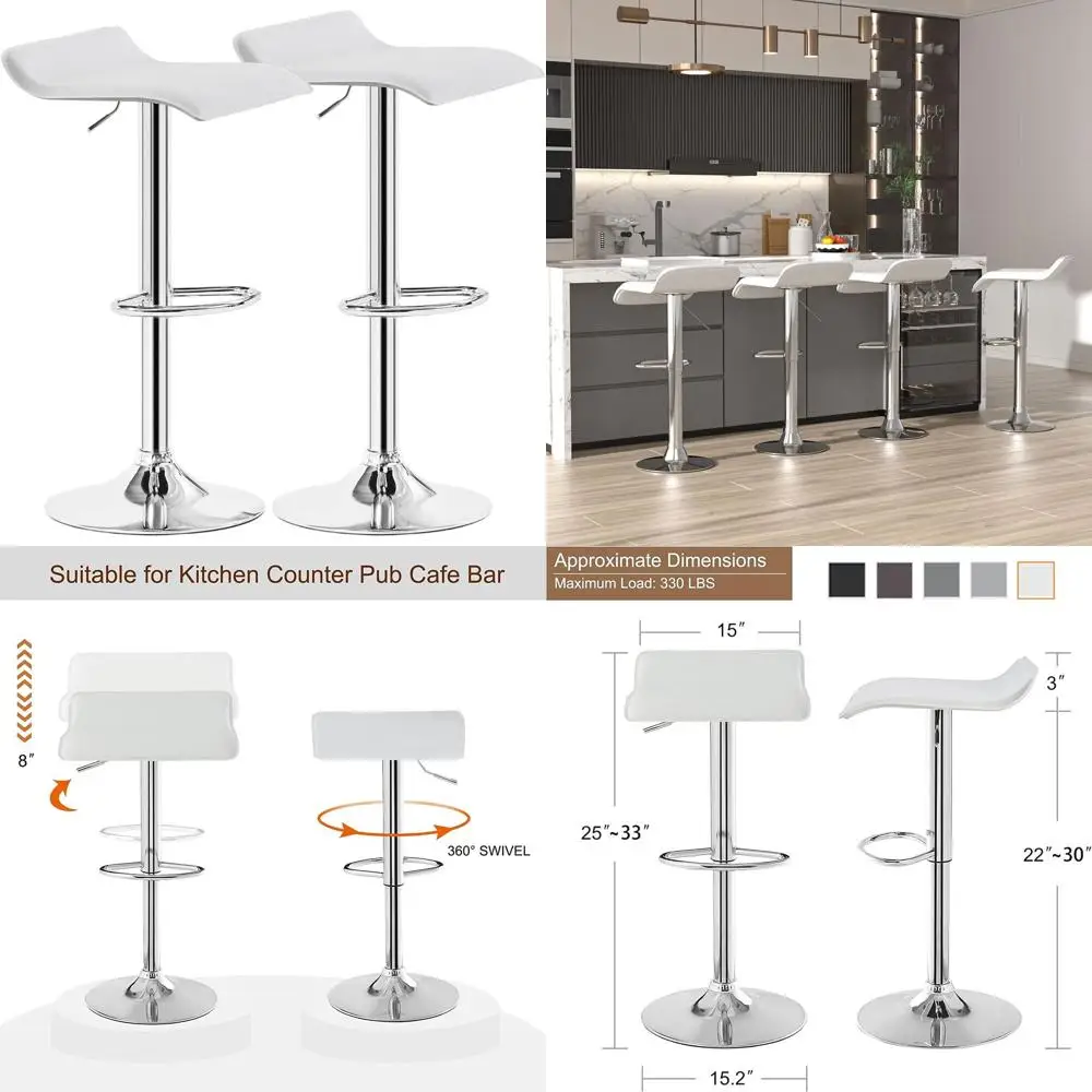 

Pair of Adjustable Swivel Bar Stools, Modern PVC Armless Seats, White, Ideal for Kitchen, Island, Bar, Dining, Parties