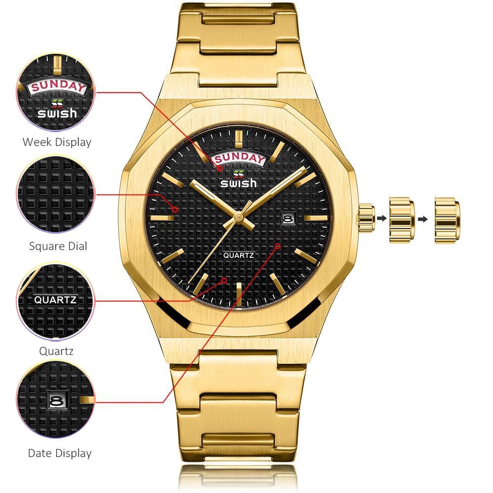 SWISH Men Watches Full Gold Square Quartz Male Wristwatch Relógios Masculino Luxury Trending Clock Week Date Waterproof Gift