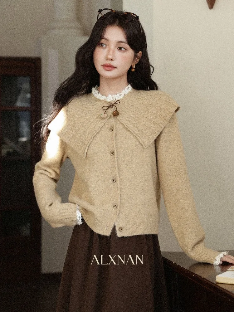 

ALXNAN Elegant Cape Oatmeal Cardigan Women Fashion Casual Knit Pullovers Winter Loose-fit Long Sleeve Sweater Female L60702