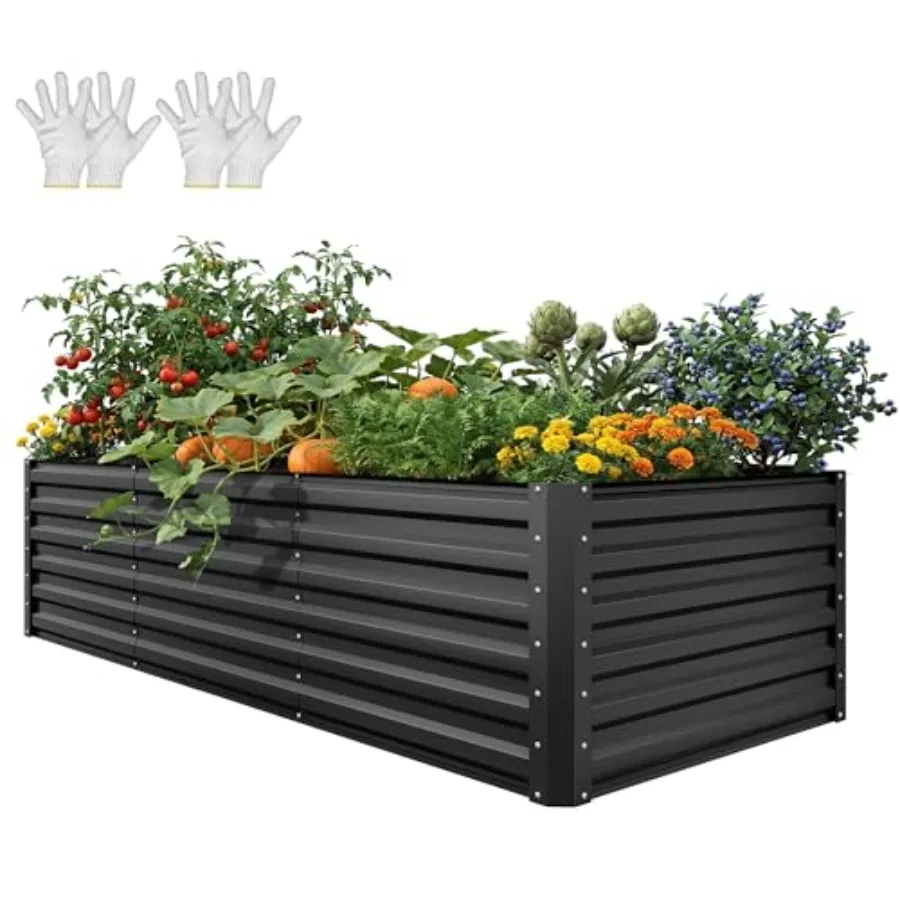 8x4x2ft Large Raised Garden Bed Kit in Black Galvanized Metal with Gloves Ground Nails Support Rod Safety Rubber for Outdoor Pl