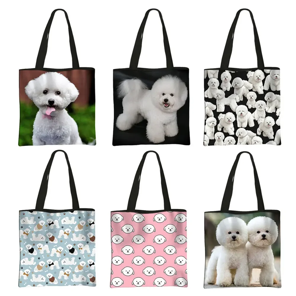 Kawaii Bichon Frise Dog Print Shoulder Bags Women Handbags Casual Totes Larger Capacity Shopping Bag Reusable Shopper Bag