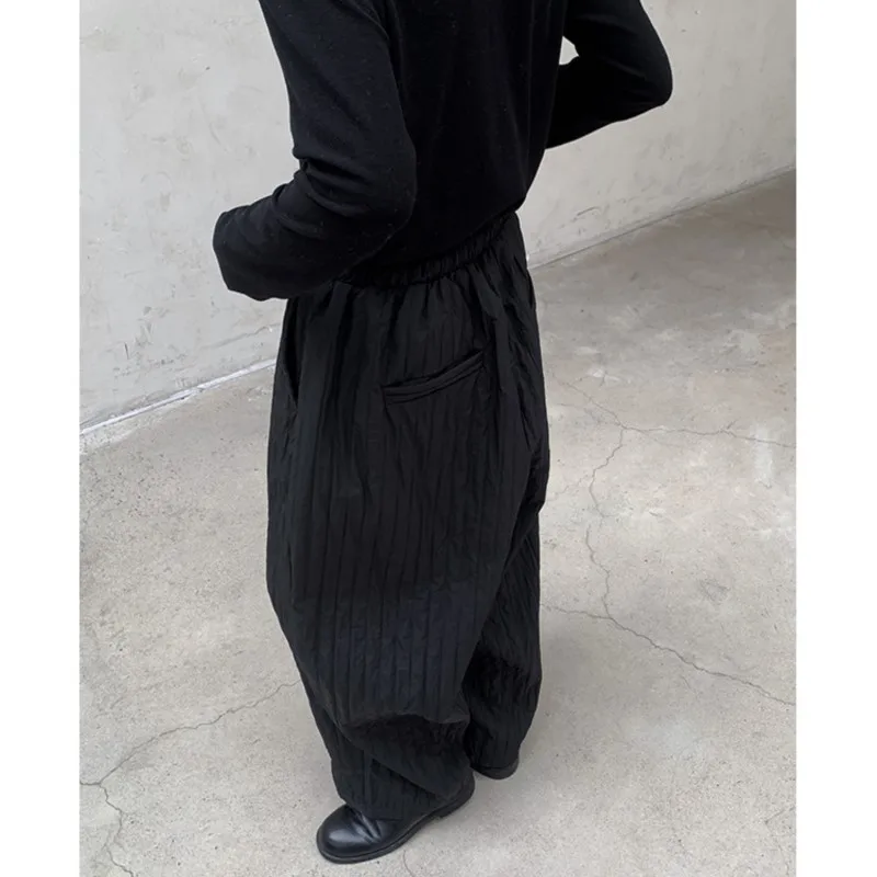 Johnature Autumn Winter Retro Casual Vertical Ribbed Pants Cotton-Padded Fleece-Lined Thick Straight-Leg Casual Women Pants