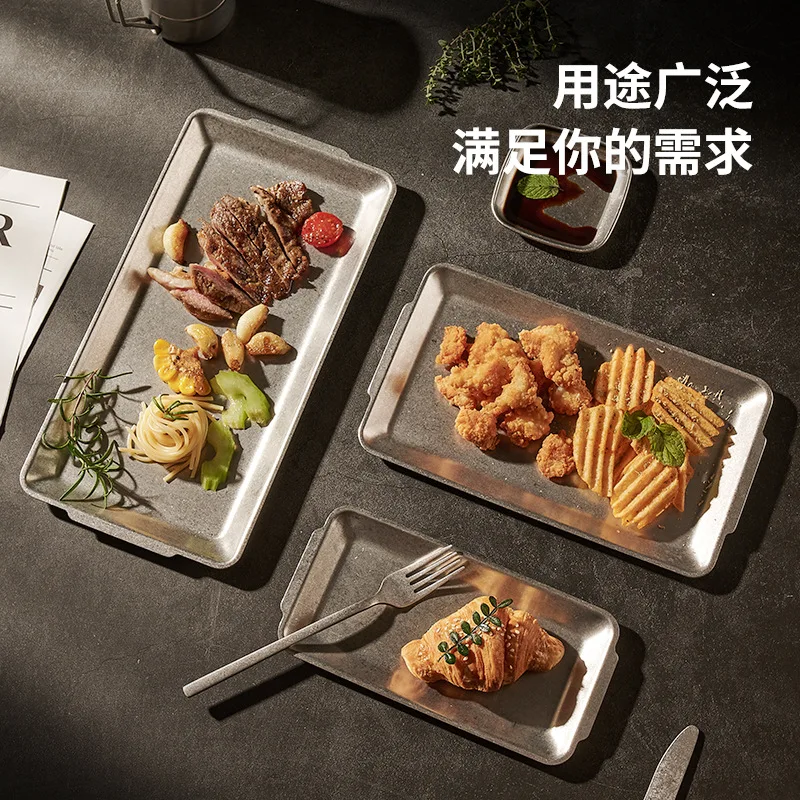 

304 Stainless Steel Rectangular Plate Barbecue Steak Plate Hot Pot Restaurant Meat Plate Nostalgic Style