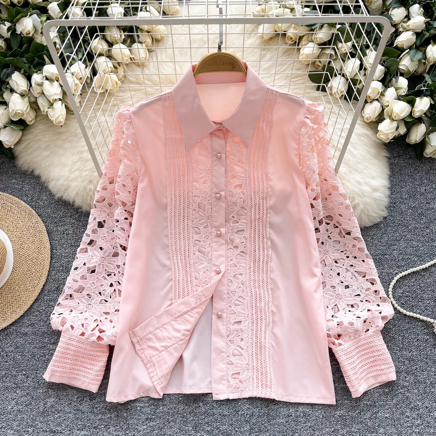 Vintage Elegant Embroidery Hollow Out Long Sleeve Blouse Fashion Lapel Shirt  Casual Chic Top Fairy  Autumn Women