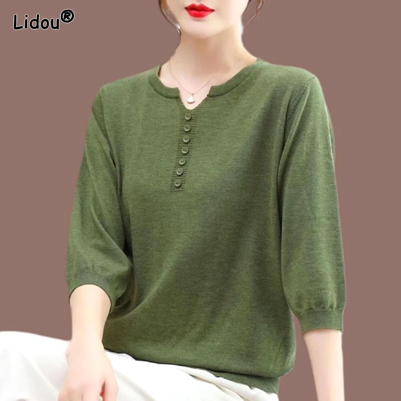 

Solid Color Spring Autumn Thin T-Shirts Round Neck Loose Pullovers Plus Size Three Quarter Sleeve Button Casual Women's Clothing