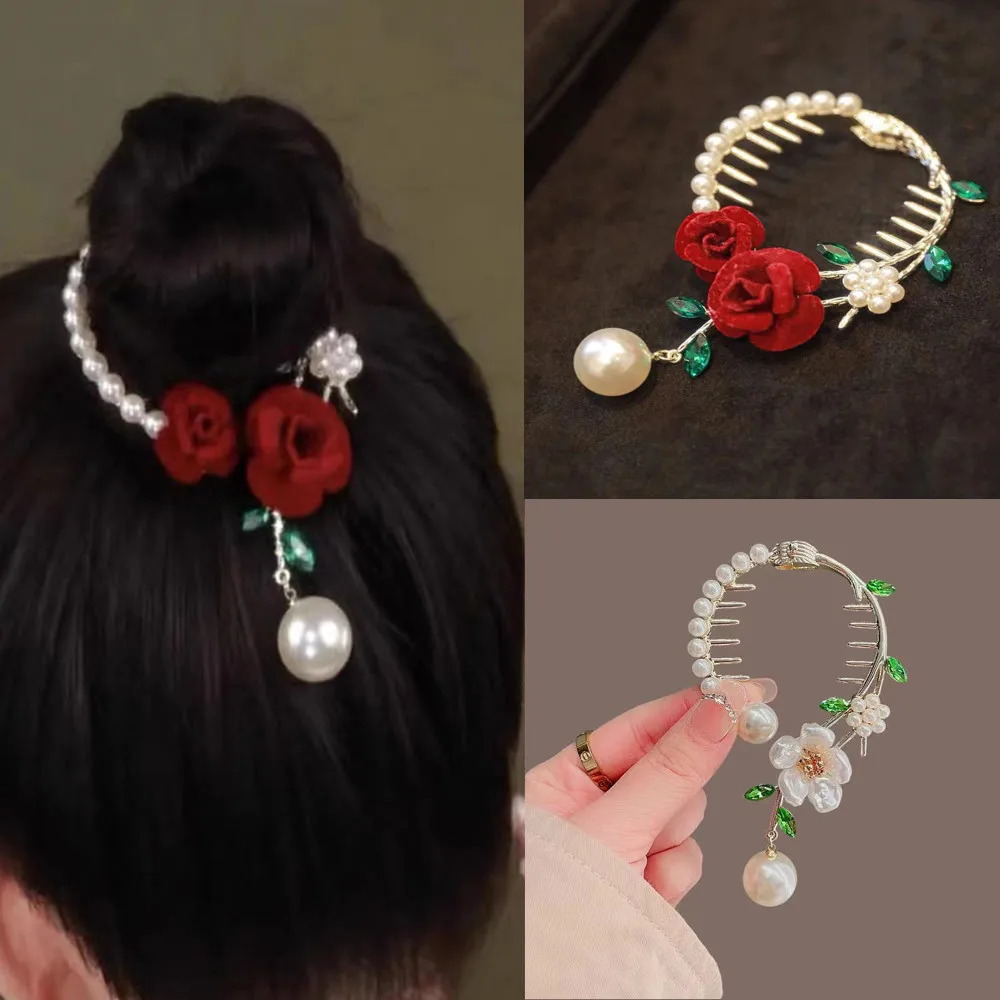 Retro Rose Flower Pearl Tassel Hair Claw Women Ponytail Buckle Fixed Hairpin Shark Clip Girls Elegant Headwear Hair Accessories