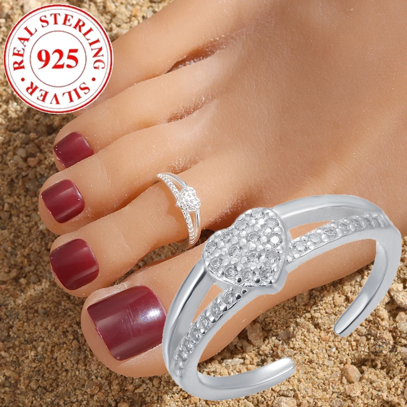 

925 sterling silver with diamonds row diamonds love feet women open adjustable beach toe ring hypoallergenic women's jewelry Su