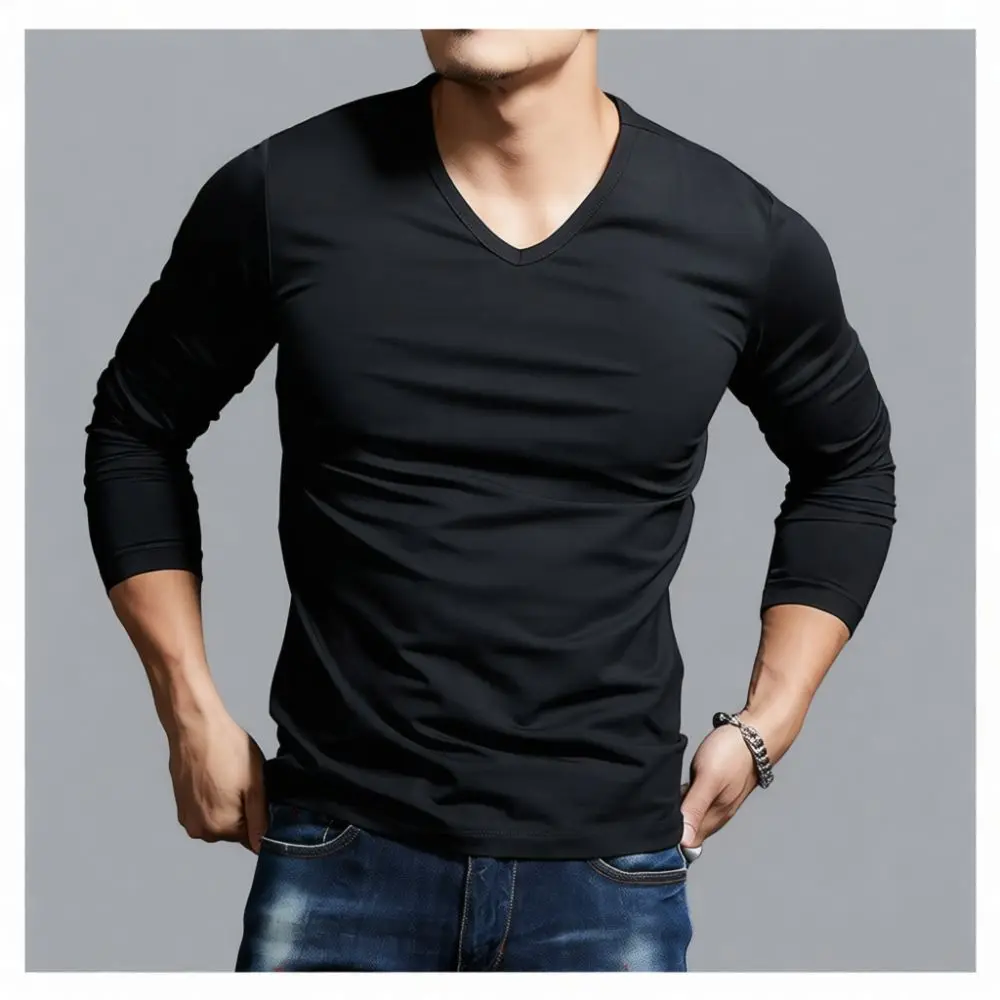 Mens Long Sleeve V Neck T Shirt Slim Fit Dark Gray Base Layer Casual Pullover Tops Breathable Elastic Comfortable