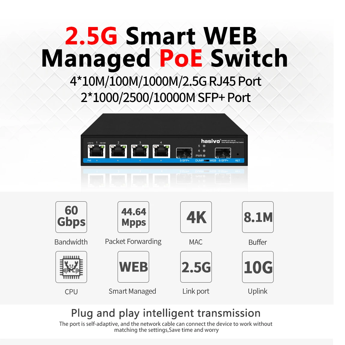 Hasivo 4*2.5G POE+ 2*1G/2.5G/5G/10G SFP Smart WEB PoE Switch Network Switches for Gigabit Ethernet Uplink