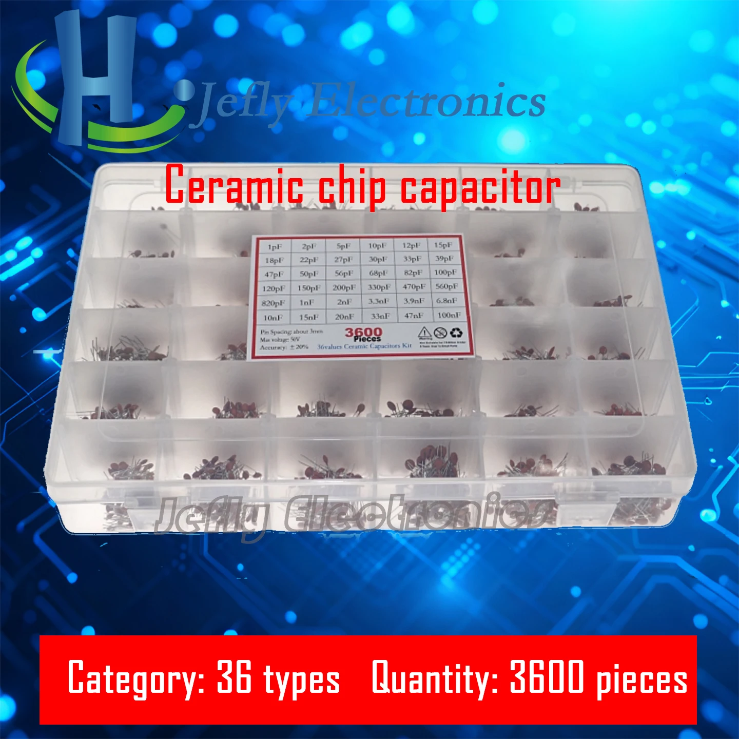 3600PCS of 36 specifications 1pF-100nF 50V ceramic capacitors, through-hole magnetic chip ceramic dielectric capacitors in box