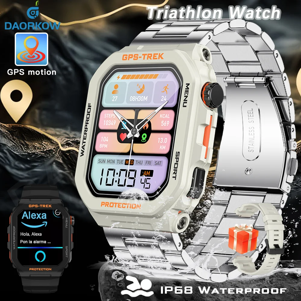 นาฬิกาสมาร์ทวอทช์ GPS ระดับทหารสำหรับผู้ชายรุ่นใหม่ พร้อมผู้ช่วยเสียง Alexa กันน้ำระดับ IP68 รองรับโหมดกีฬามากกว่า 170 โหมด วัดอัตราการเต้นของหัวใจ โทรออกแบบไร้สาย