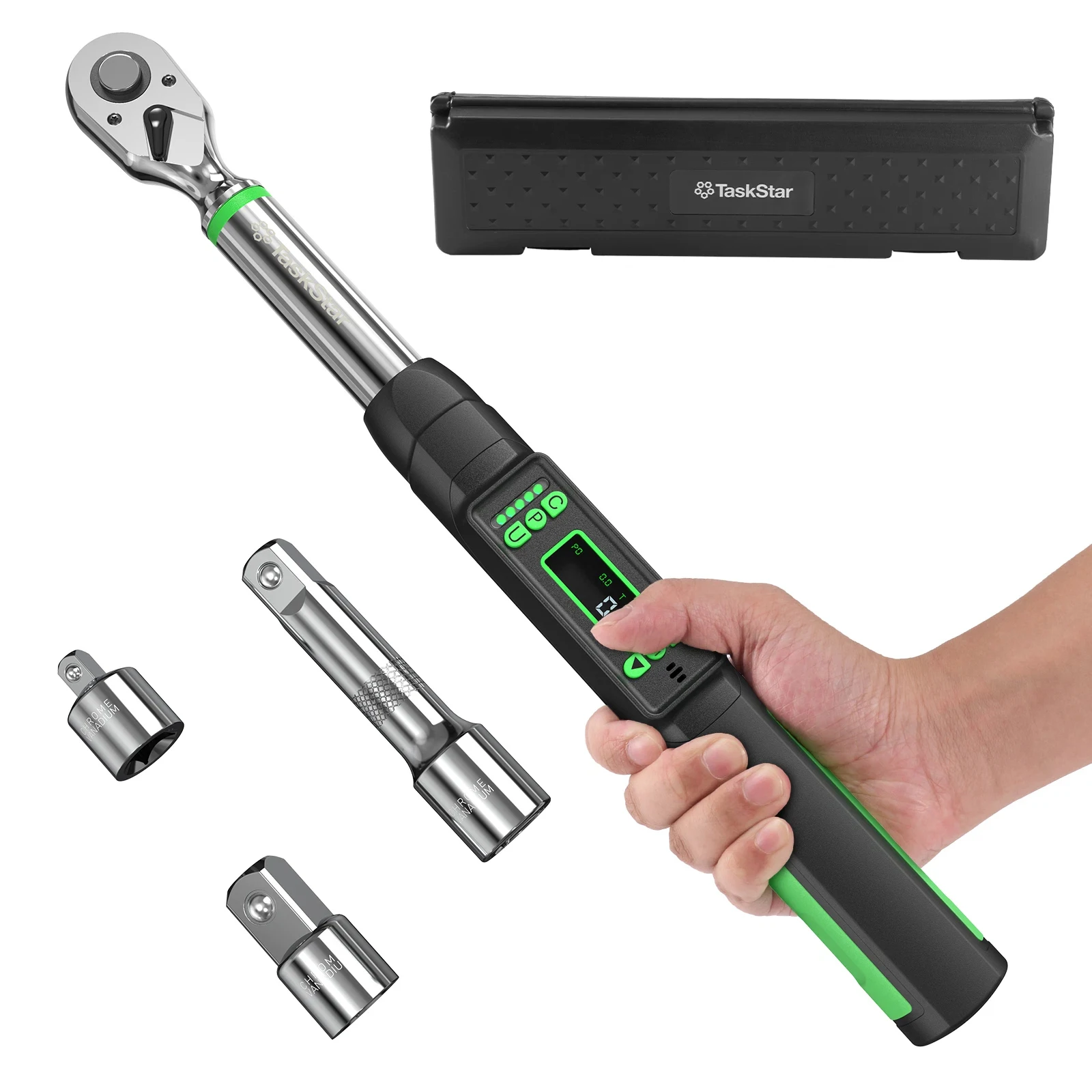 TaskStar 3/8-Zoll-Digital-Drehmomentschlüssel mit 1/4- und 1/2-Zoll-Adapter, bidirektionalem Ratschenkopf, einer Genauigkeit von ±2 %, elektronischer Drehmomentschlüssel für die Fahrrad- und